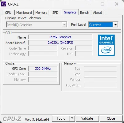 CPU-Zのグラフィック情報タブ