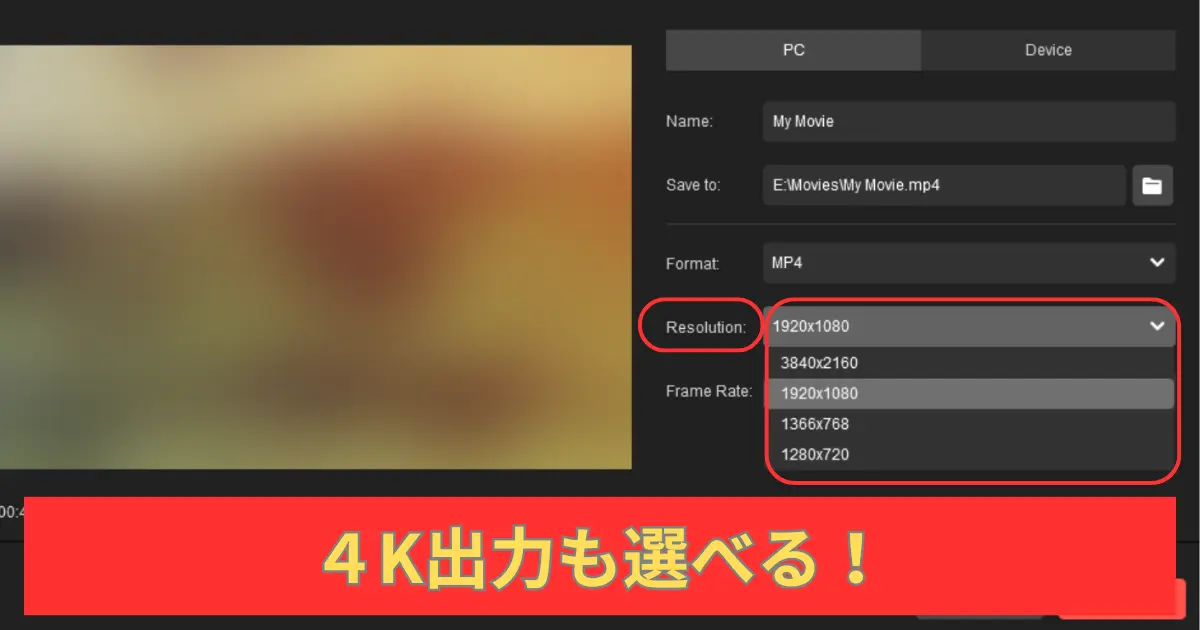 無料でも４K出力できる設定画面イメージ