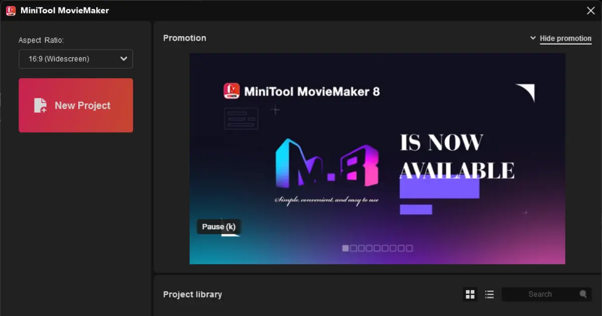 Minitool MovieMaker 8 の起動イメージ