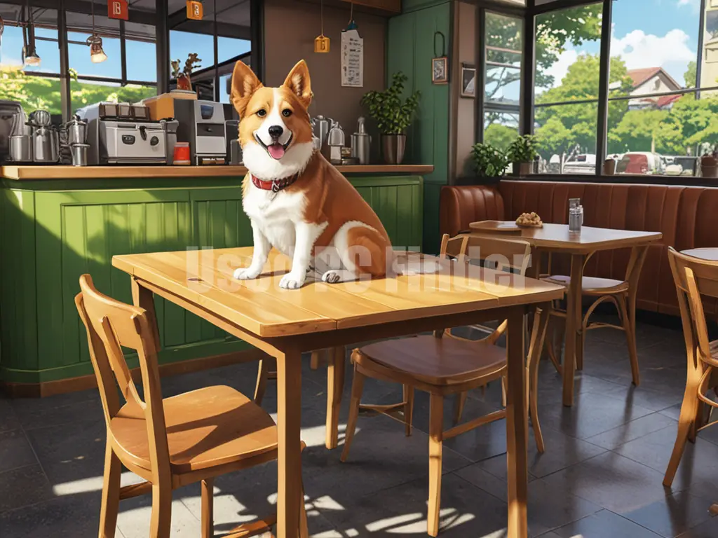 犬がカフェのテーブルの上に乗ったイメージ