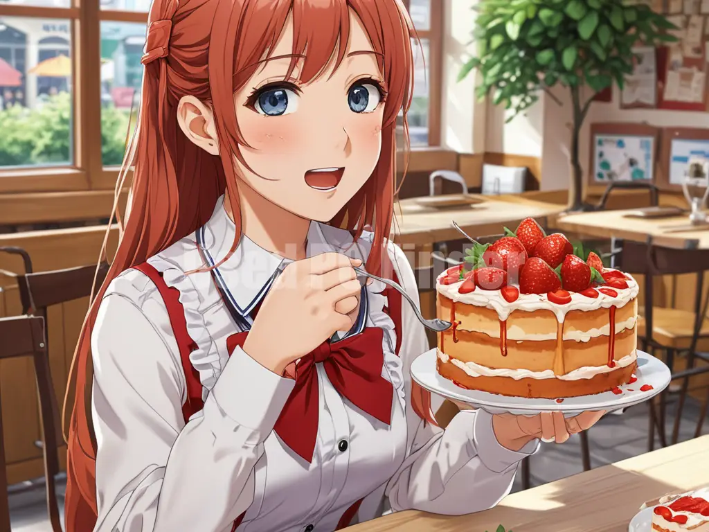 カフェでいちごケーキをフォークで食べている女子高生の出力例。アニメ版