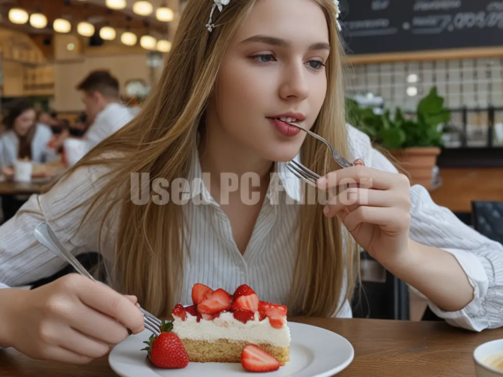 女子高生がカフェでいちごのショートケーキをフォークで食べている出力例