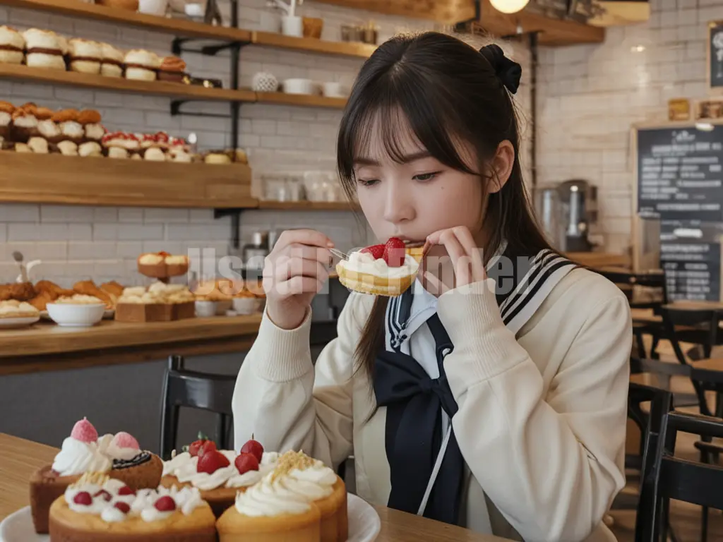 女子高生がカフェでショートケーキを食べようとしている出力例。リアル調