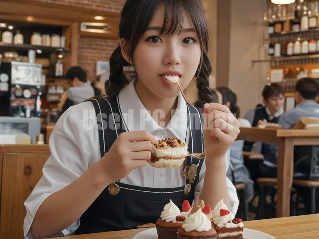 カフェでいちごケーキをフォークで食べている女子高生の出力例