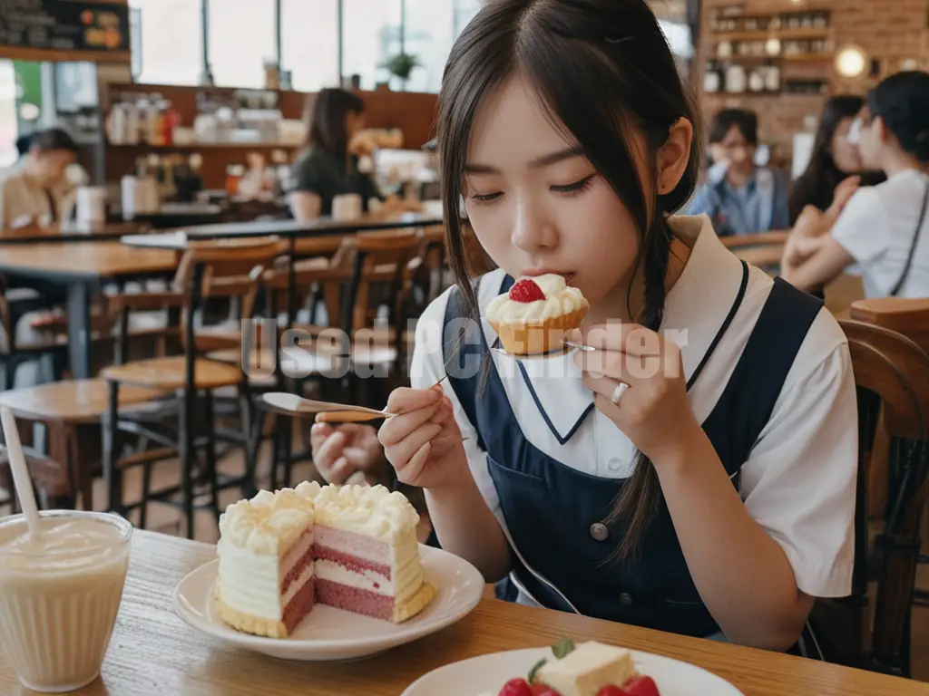 女子高生がカフェでケーキを食べている出力例