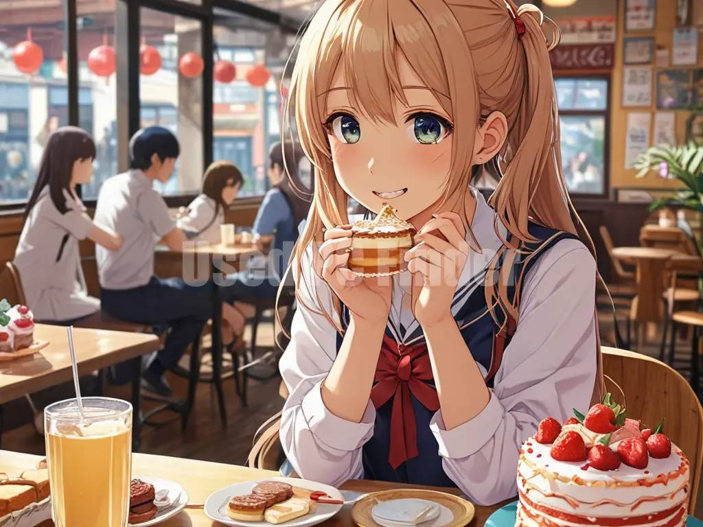 カフェでケーキを食べている出力例