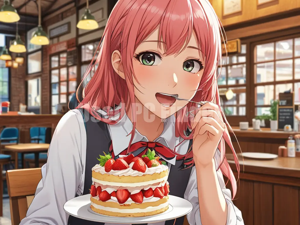 女子高生がカフェでショートケーキを食べようとしている出力例。アニメ調