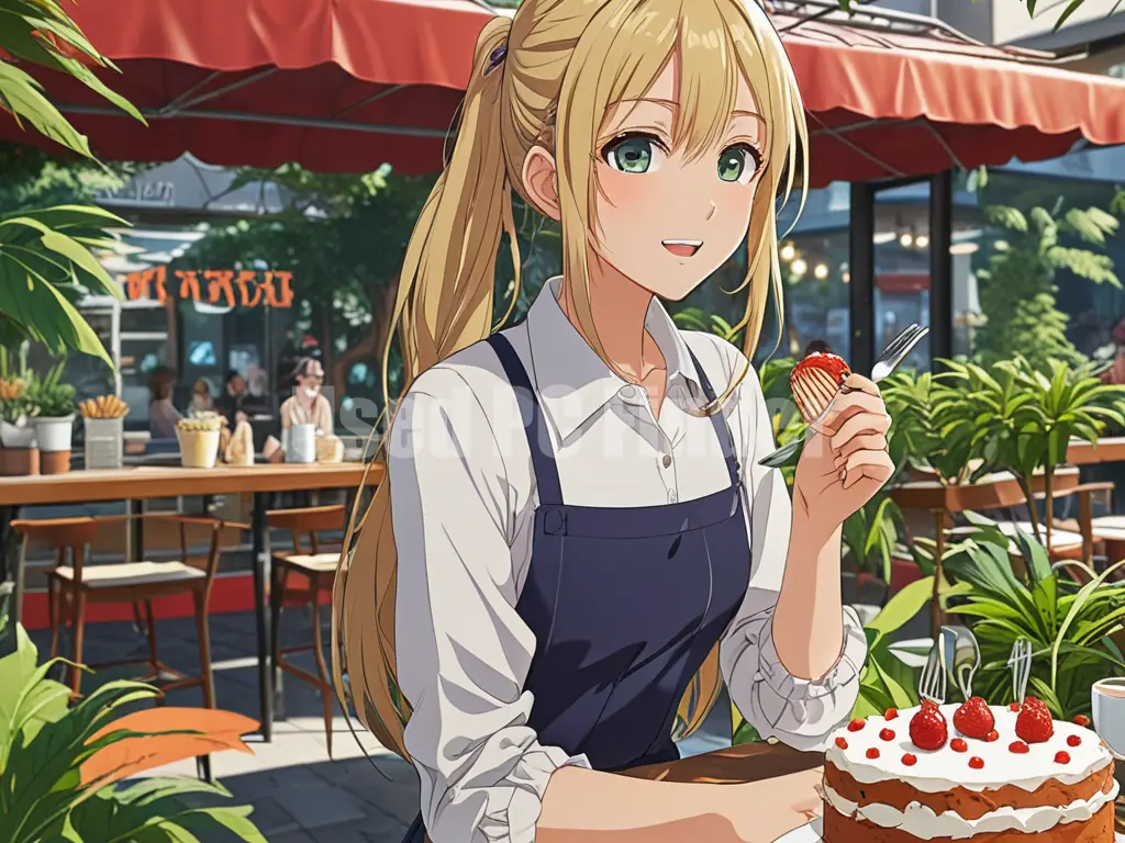 カフェでケーキを食べる女子高生の出力例