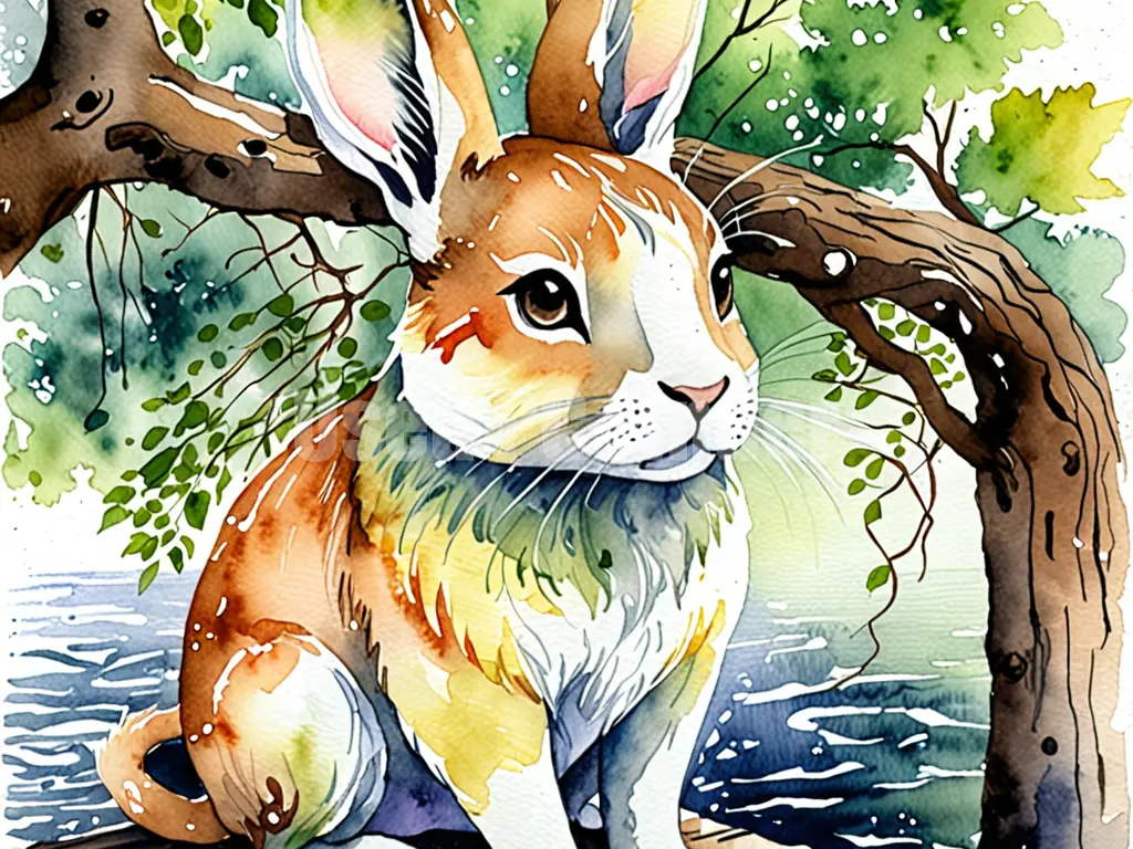うさぎの下絵を水彩画にしたイメージ