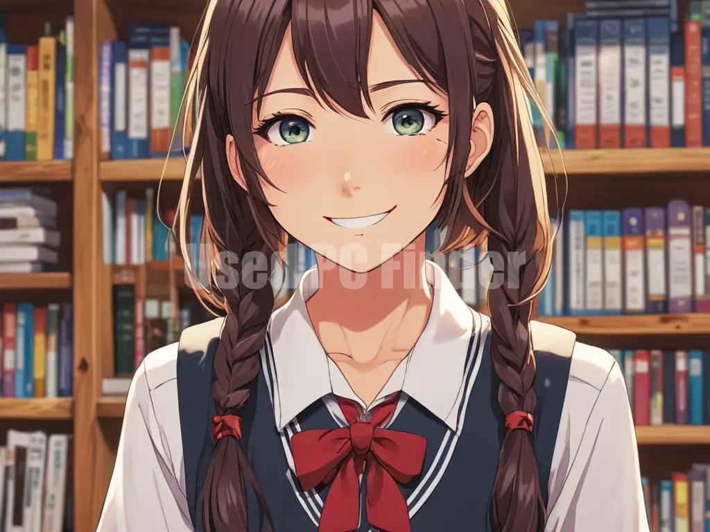 制服を着た女子高生が、カメラ目線で微笑んでいる。バストアップの構図。プロンプト出力例１