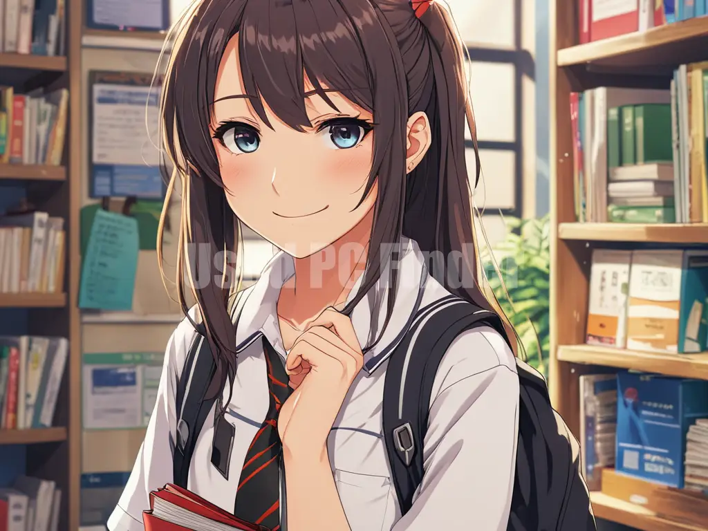 制服を着た女子高生が、カメラ目線で微笑んでいる。バストアップの構図。プロンプト出力例２