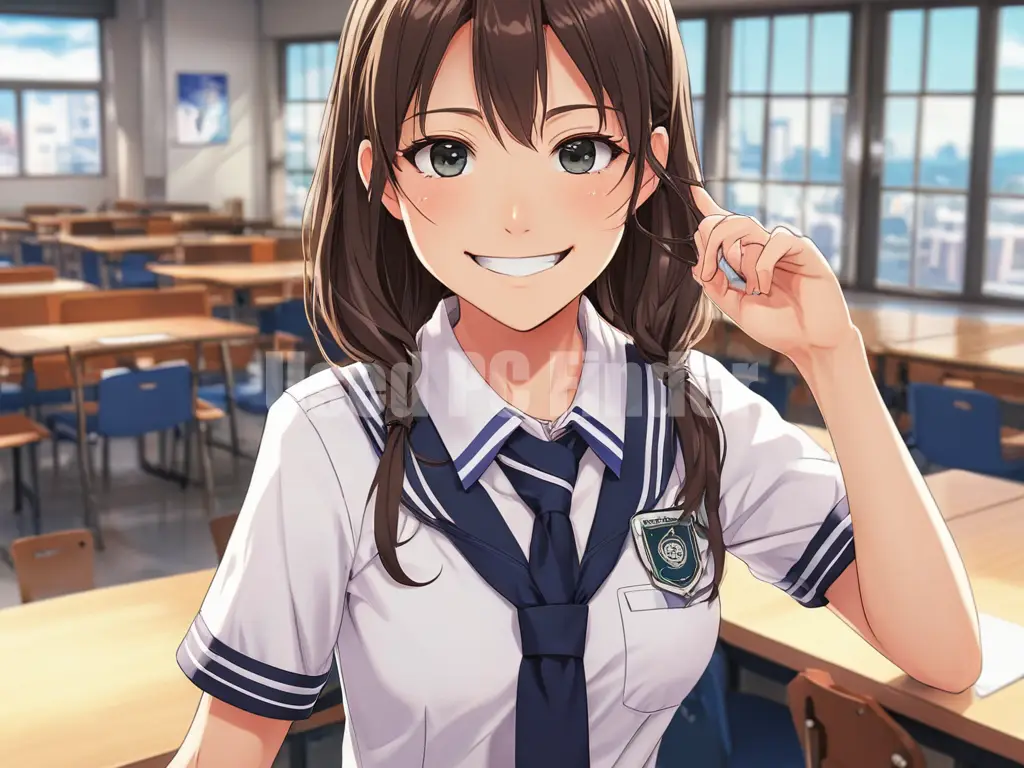 制服を着た女子高生が、カメラ目線で微笑んでいる。バストアップの構図。プロンプト出力例４