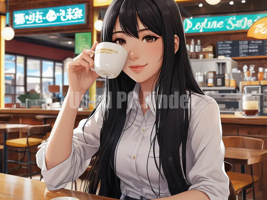 黒髪ロングの女子高生1人が、カフェでコーヒーを飲んでいる。静かな表情。プロンプト出力例１