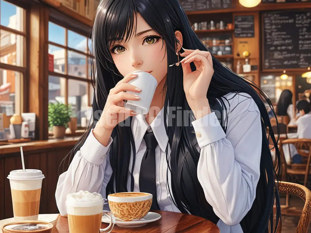 黒髪ロングの女子高生1人が、カフェでコーヒーを飲んでいる。静かな表情。プロンプト出力例２