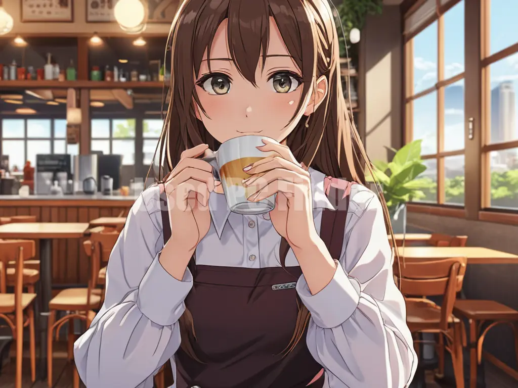 髪の長い女子高生1人が、カフェでコーヒーを飲んでいる。静かな表情。プロンプト出力例１