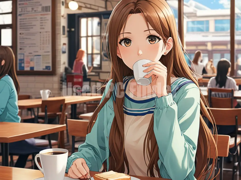 髪の長い女子高生1人が、カフェでコーヒーを飲んでいる。静かな表情。プロンプト出力例２
