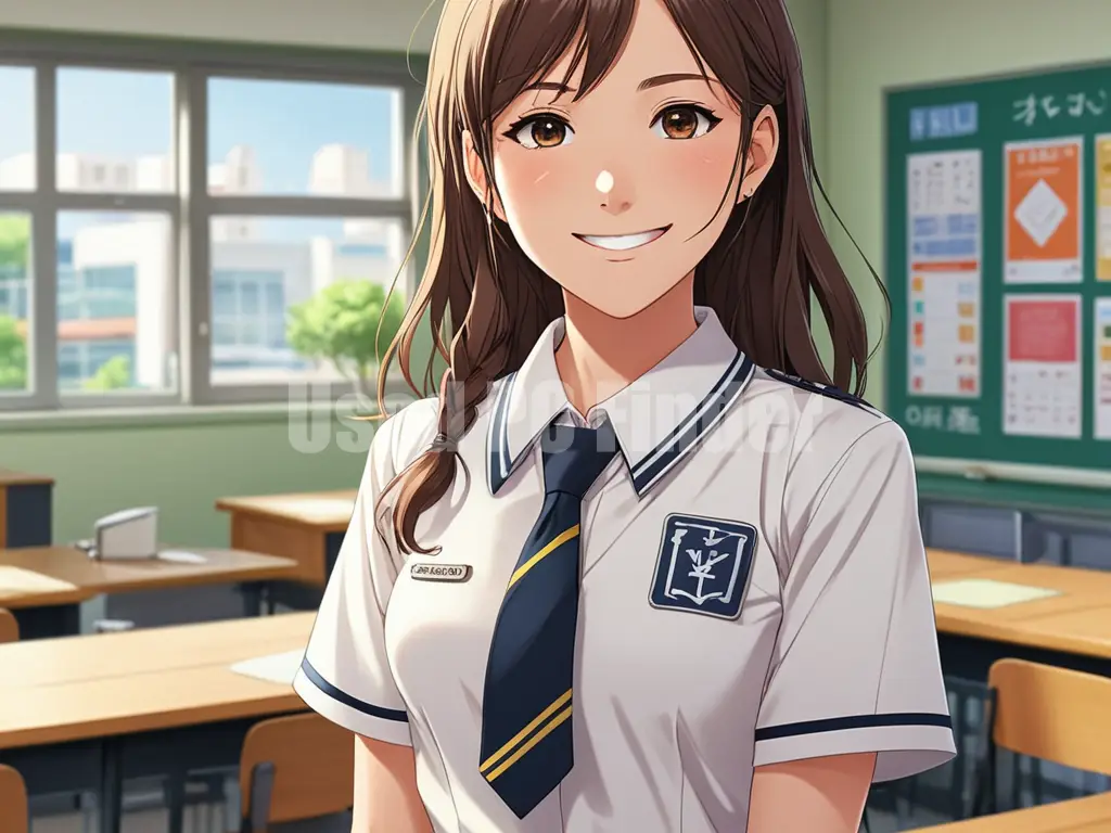 制服を着た女子高生が笑顔で「こんにちは」と話している。背景は教室。セリフは吹き出しで。プロンプト出力例２