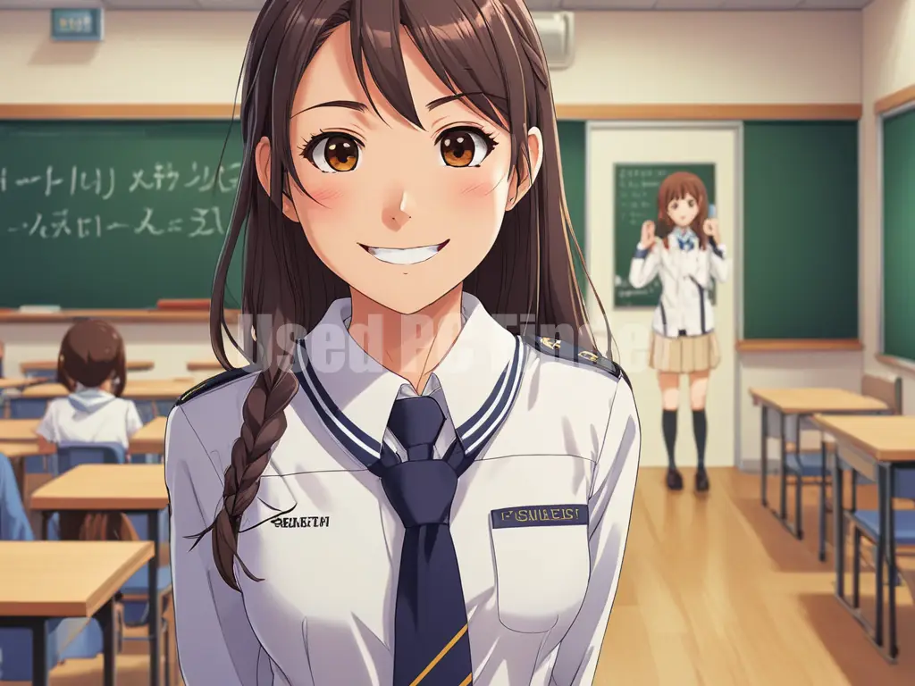 制服を着た女子高生が笑顔で「こんにちは」と話している。背景は教室。セリフは吹き出しで。プロンプト出力例１