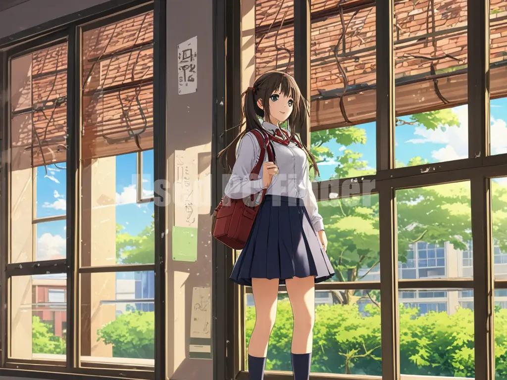 放課後の教室で、窓辺に立つ女子高生。夕日の逆光。人物は遠目。プロンプト出力例１