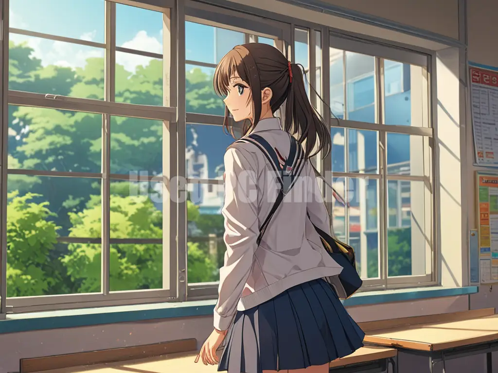 放課後の教室で、窓辺に立つ女子高生。夕日の逆光。人物は遠目。プロンプト出力例２