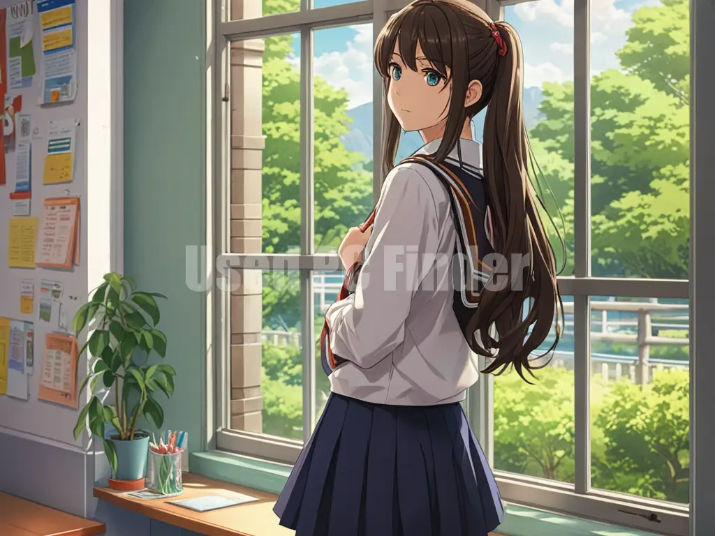 放課後の教室で、窓辺に立つ女子高生。夕日の逆光。人物は遠目。プロンプト出力例１