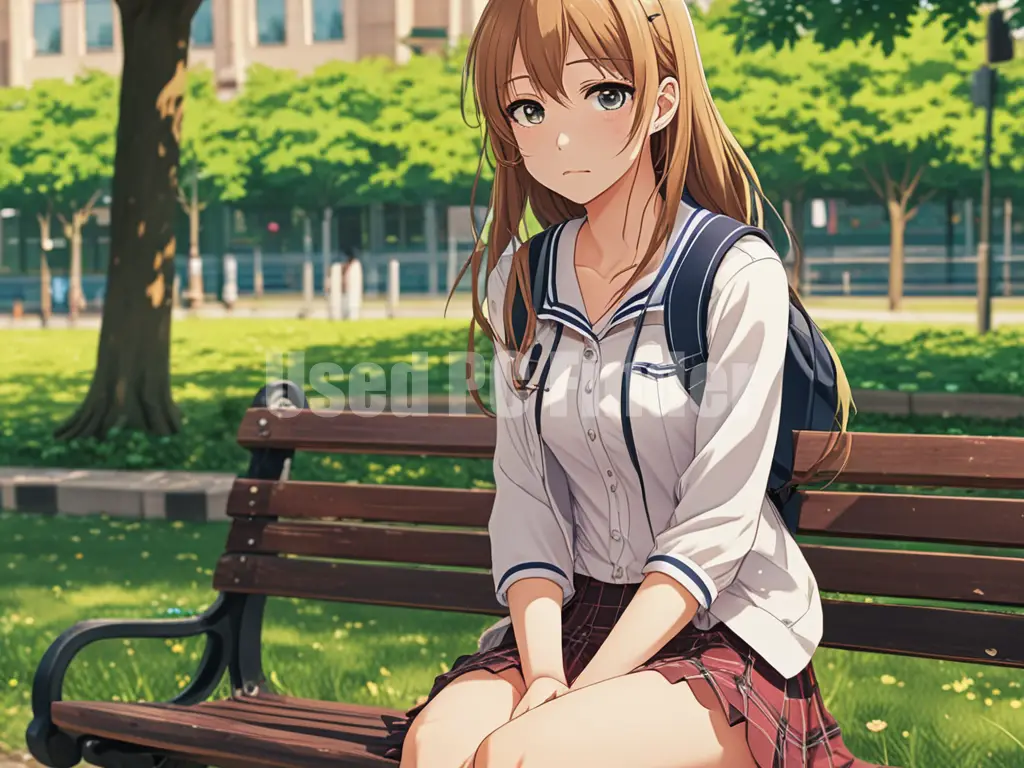 ベンチに座っている女子高生。下を向いて泣きそうな顔をしている。プロンプト出力例。