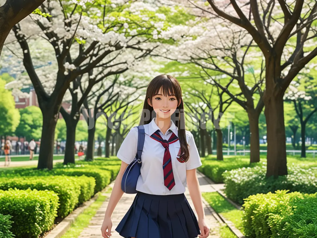 制服を着た女子高生が、春の公園を歩いている。表情は自然な笑顔。プロンプト出力例１