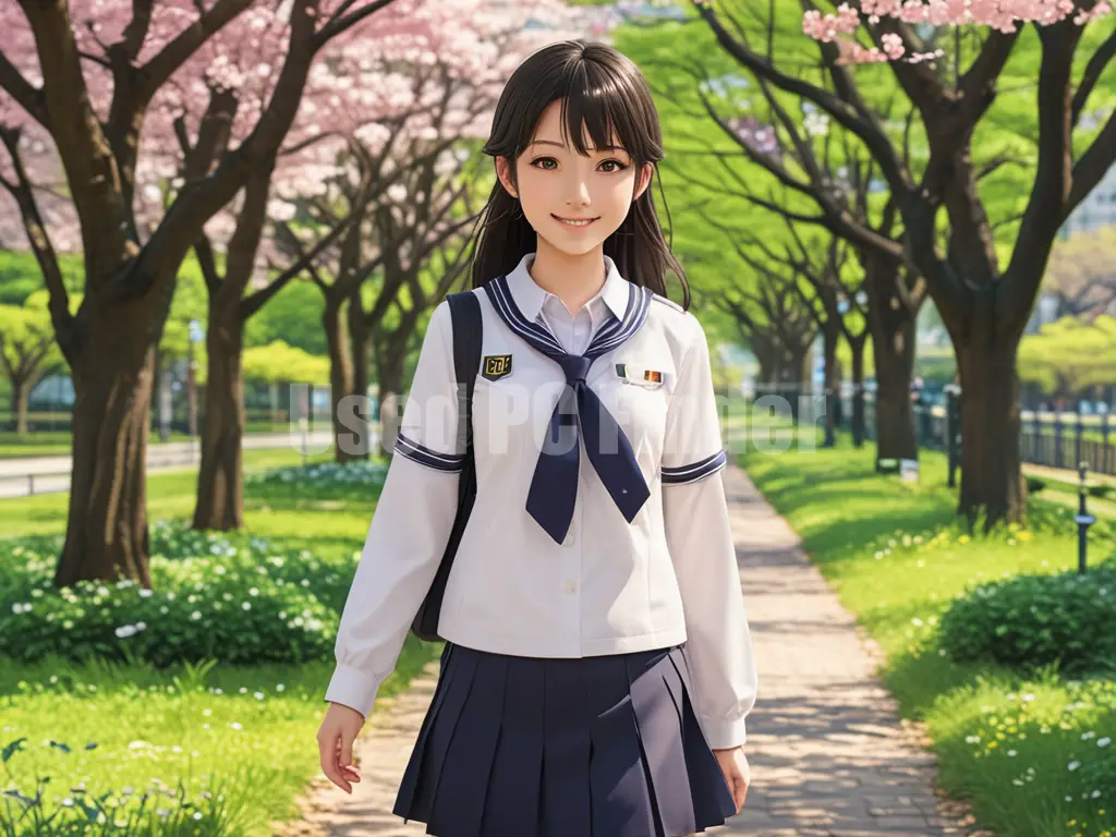 制服を着た女子高生が、春の公園を歩いている。表情は自然な笑顔。プロンプト出力例２