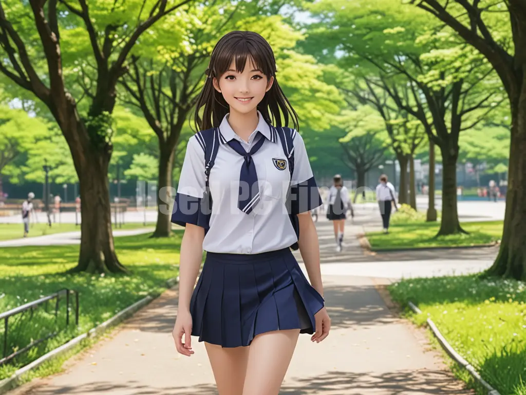 制服を着た女子高生が、春の公園を歩いている。表情は自然な笑顔。プロンプト出力例３