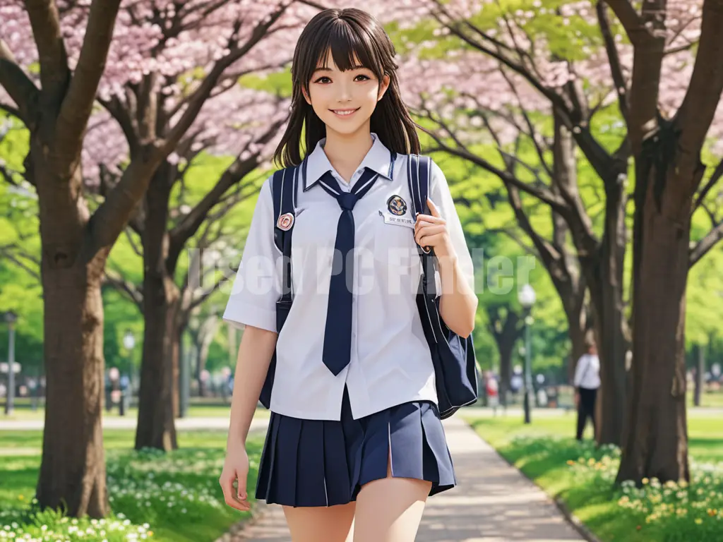 制服を着た女子高生が、春の公園を歩いている。表情は自然な笑顔。プロンプト出力例４