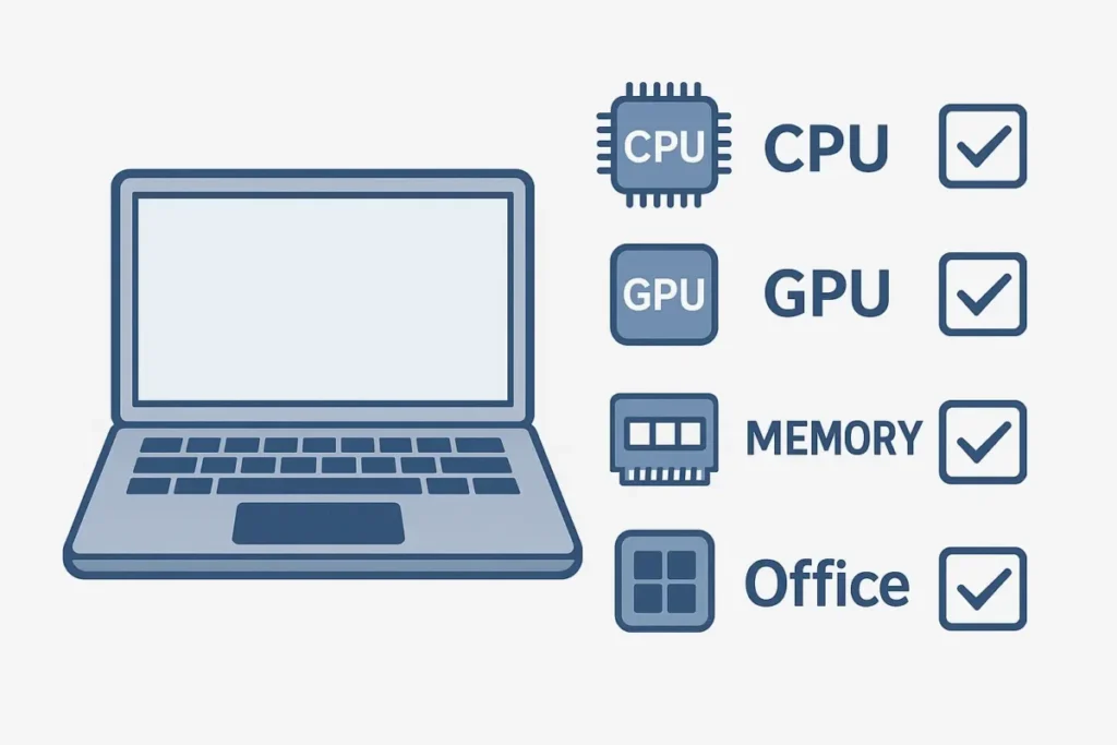 CPUやGPUなど、大学生活に必要なPCスペックを示すアイコン図