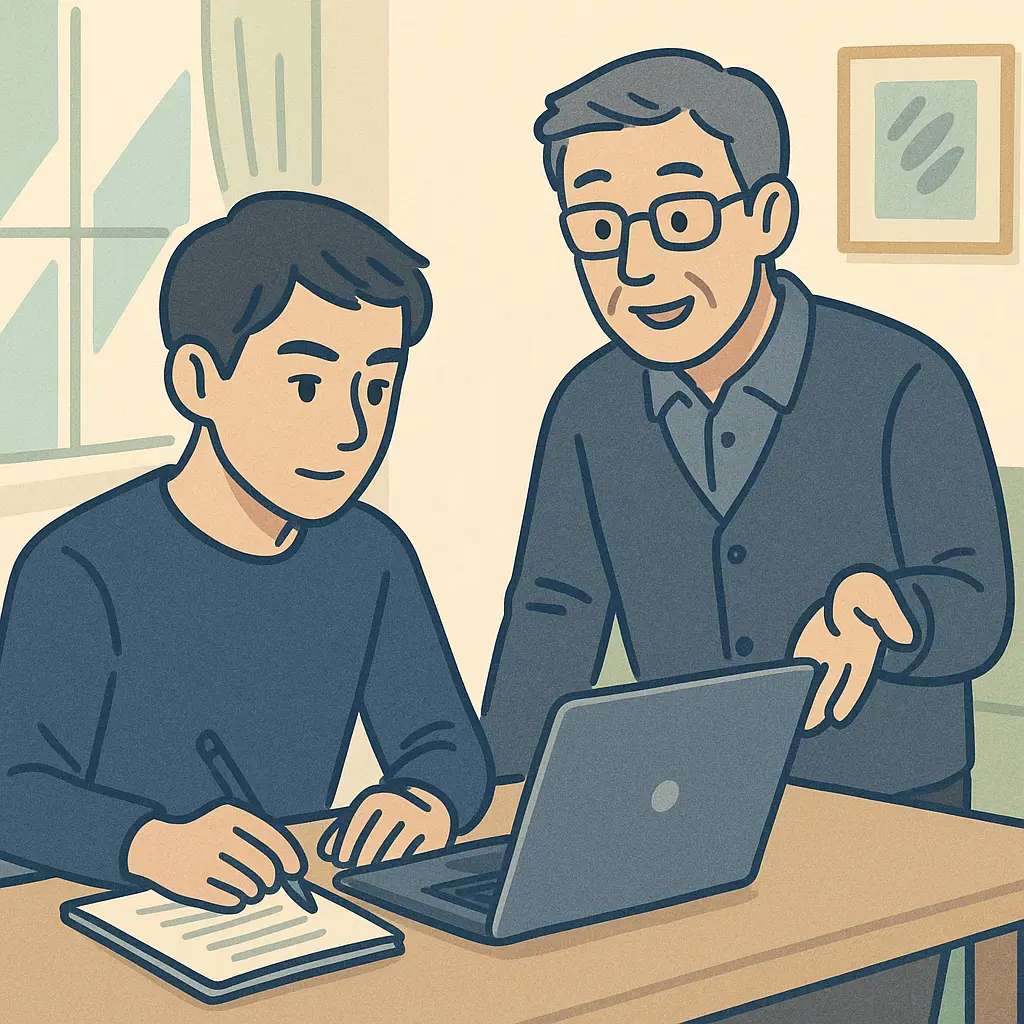 大学生がパソコンでレポートを作成しながら、親と安心して会話する様子