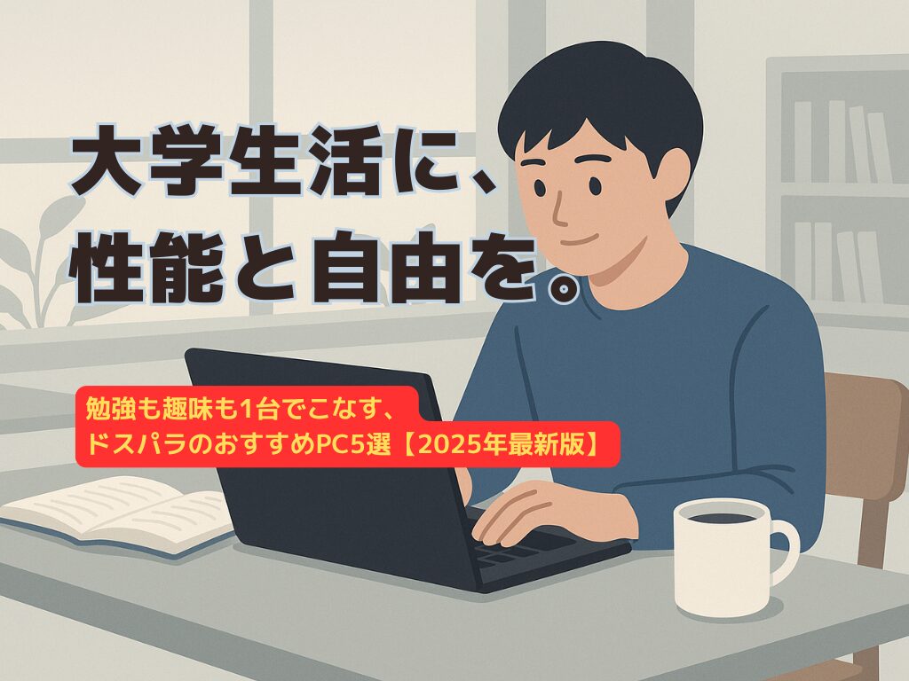 カフェでノートパソコンを使って学習する大学生の様子。机には教科書とマグカップが置かれ、落ち着いた雰囲気の中で集中している。