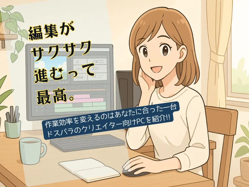 高性能なデスクトップ PC で快適に動画編集をする若い女性クリエイターのイラスト。明るい部屋で笑顔を見せながら作業しており、スタイリッシュでクリエイティブな作業環境が描かれている。