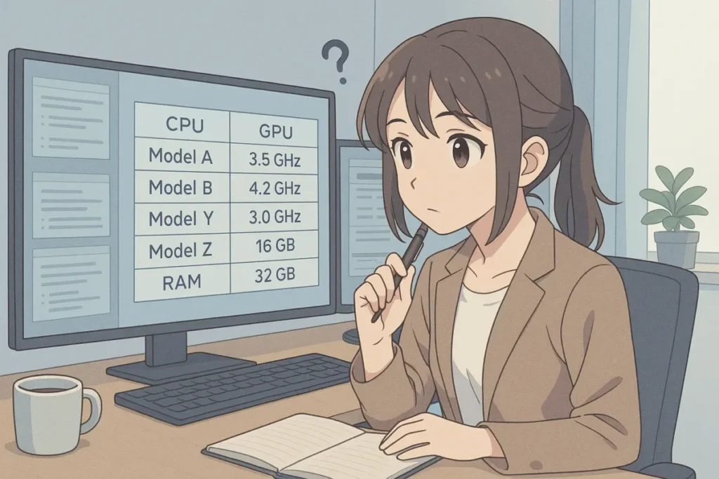 PCスペック表を見ながら考え込む若い女性フリーランスのイラスト