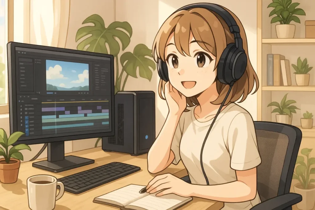 快適な作業環境で動画編集に集中する若い女性クリエイターのイラスト