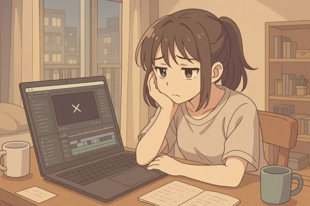 編集作業に疲れた若い女性がノートPCの画面を見つめているイラスト