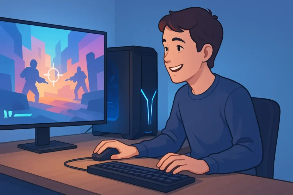 初期設定済みのゲーミングPCですぐにゲームを楽しんでいる初心者ユーザーのイメージ。届いてすぐ使えるドスパラPCの利便性を表した画像。