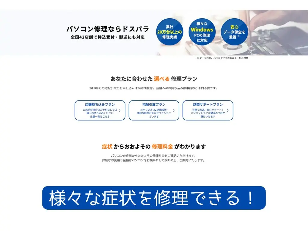 ドスパラの修理・サポート対応ページのスクリーンショット。初心者でも安心できるチャット・電話・店舗対応などのサポート体制を紹介する画像。