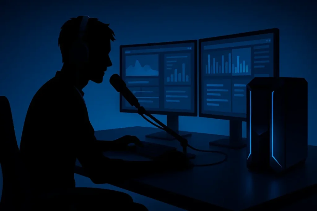 配信者のシルエットとゲーミングデスクのイラスト。ドスパラのGALLERIAシリーズがストリーマーにも選ばれていることを示す画像。